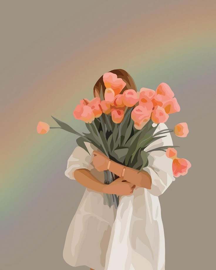 Illustration of a person holding a large bouquet of flowers in front of their face with a rainbow in the background.